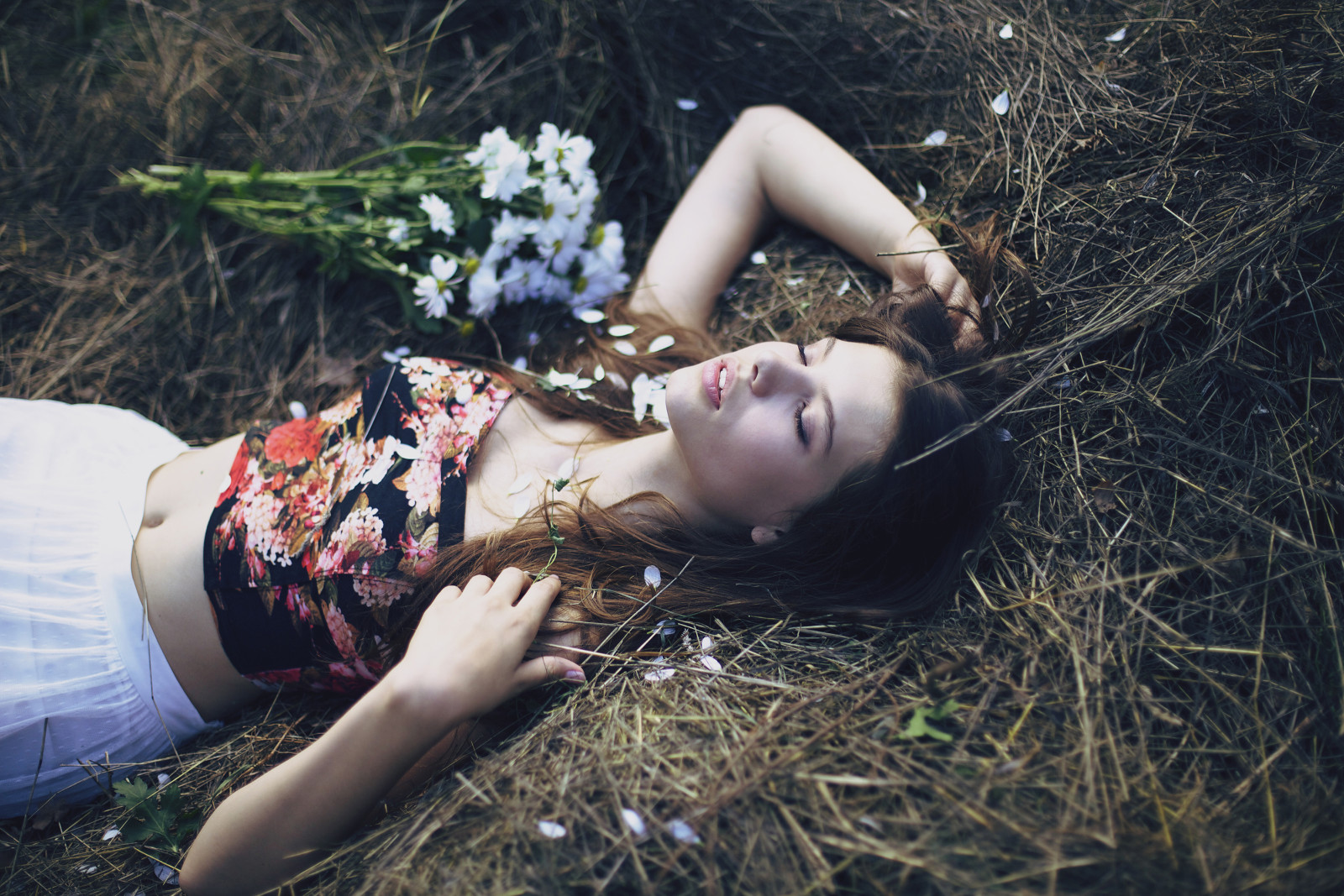 girl, bouquet, petals, chamomile, brown hair