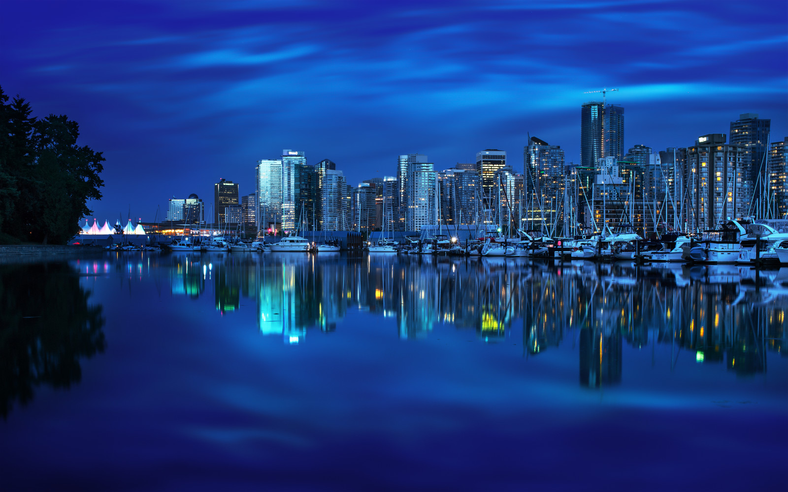 Bahía, yates, ciudad de noche, reflexión, Canadá, edificio, Puerto, Columbia Británica