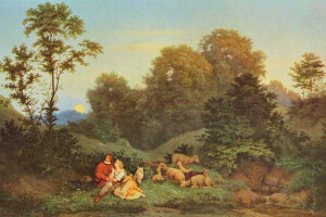 Adrian Ludwig Richter, Genre, Landschaft, Menschen, Bild, Schaf, Ufer, Frühlingsabend