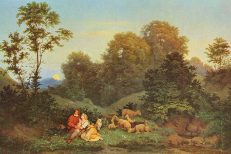 Adrian Ludwig Richter, genere, paesaggio, persone, immagine, pecora, riva, sera di primavera