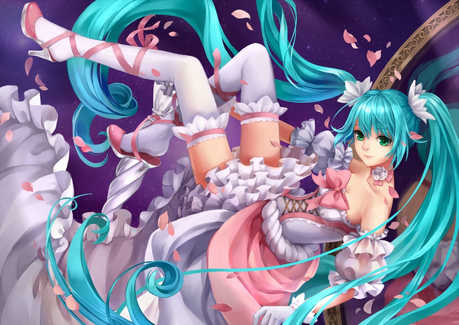 look, girl, smile, art, petals, space, vocaloid, hatsune miku