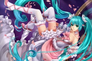 art, girl, hatsune miku, look, monogo, petals, smile, space