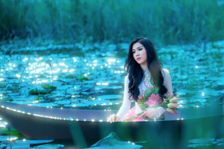 asian, boat, girl, lake, summer