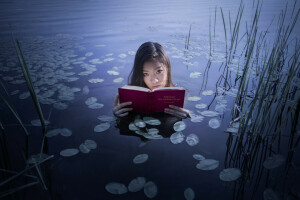 livre, fille, Lac