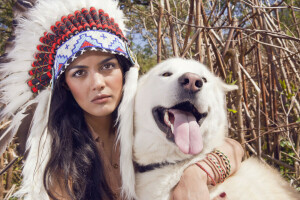 köpek, yüz, kız, headdress, bak