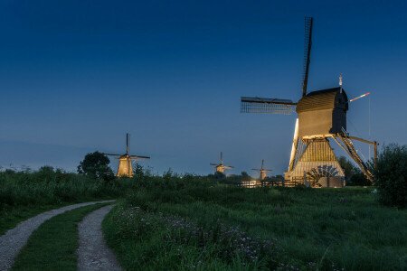 Netherlands, road, the evening, the sky, WINDMILL