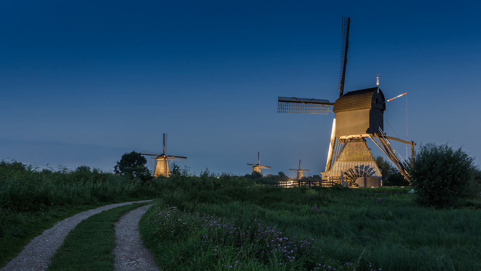 himlen, aftenen, vej, VINDMØLLE, Holland