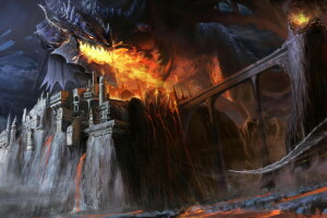 art, Bridge, castle, Chengyong Wang, dragon, fire, giant