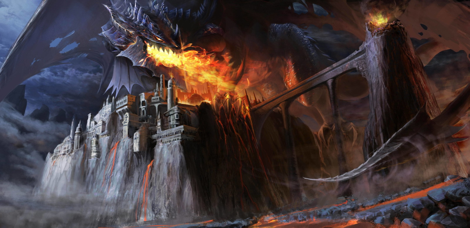 art, dragon, Bridge, castle, fire, giant, Chengyong Wang