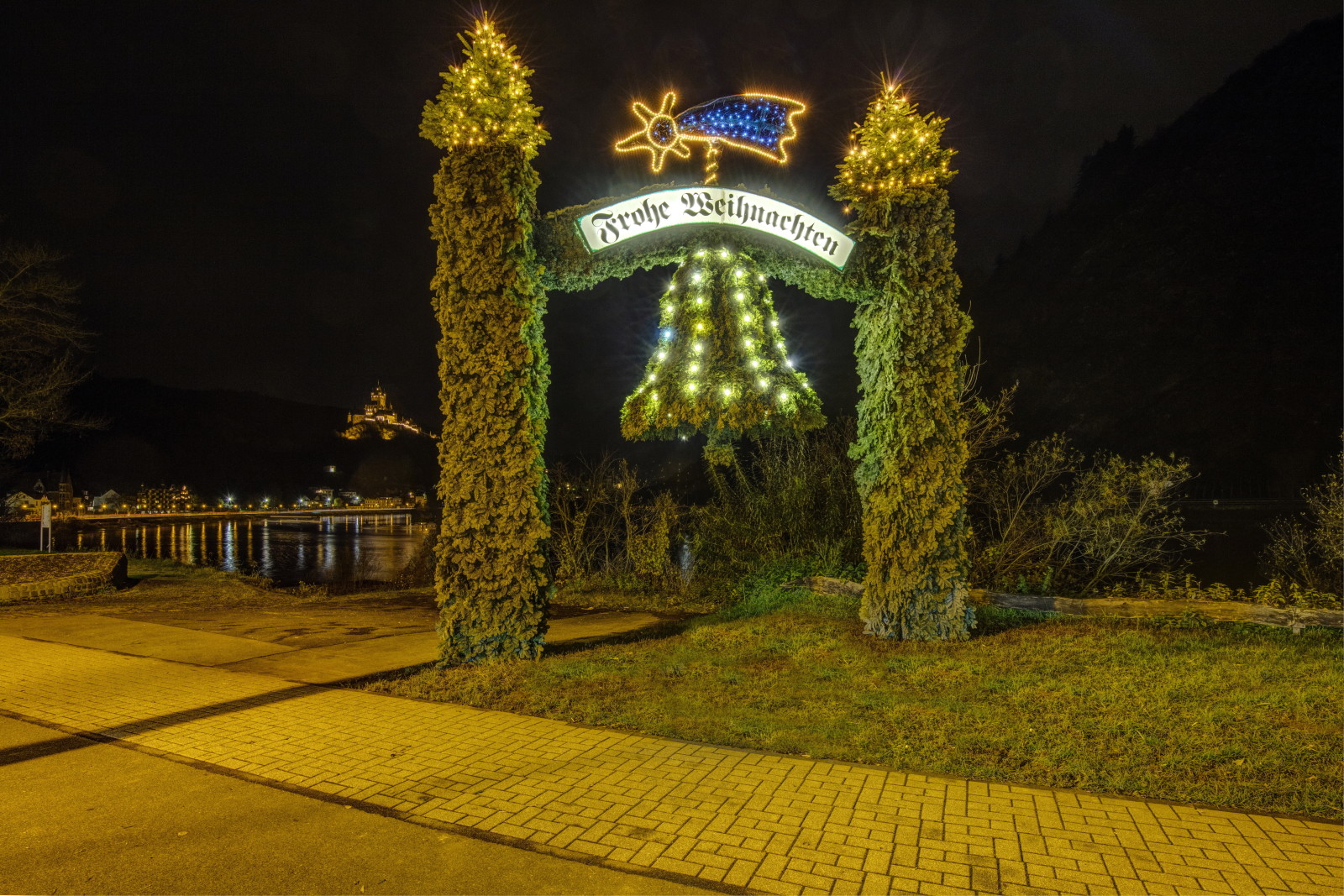 Baum, Neujahr, Geäst, Fluss, Urlaub, Komposition, Beleuchtung, Nacht