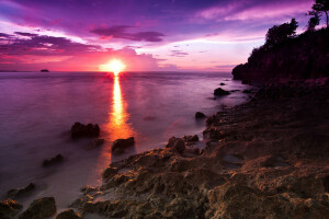 amanecer, naturaleza, Plage, rocas, mar, piedras