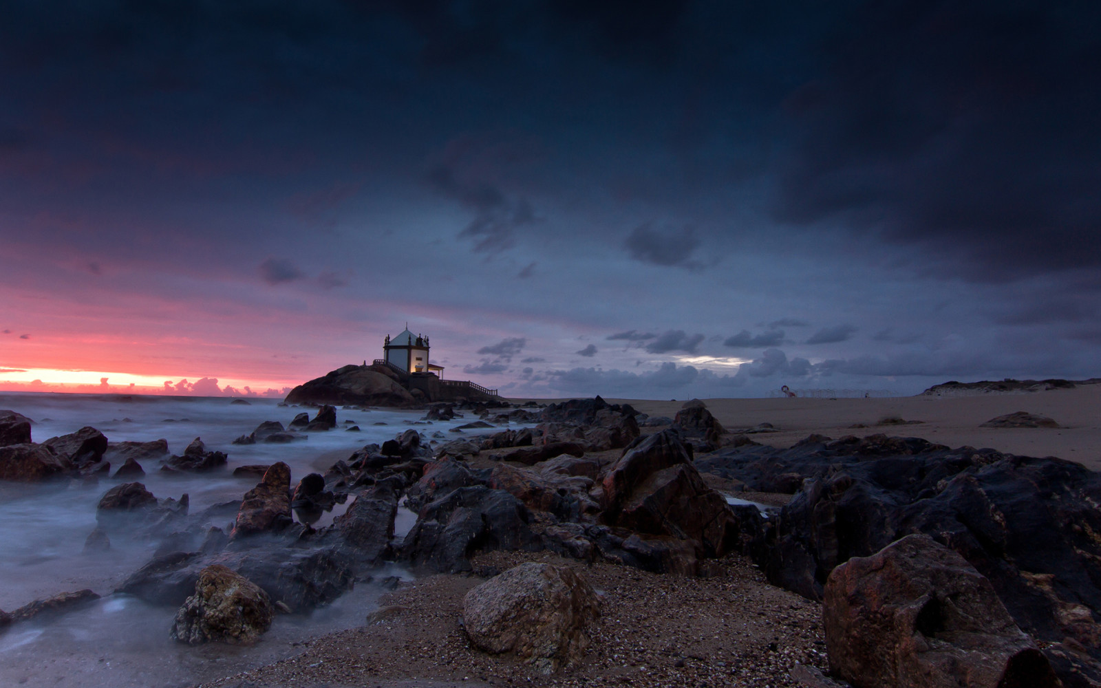 solnedgang, strand, hav, kyst, klippe