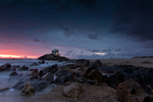 Strand, kyst, stein, hav, solnedgang