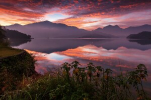 China, meer, Lake Candidus, bergen, reflectie, zon maan meer, zonsondergang, Taiwan