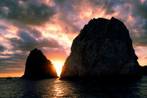 pássaros, barco, nuvens, Raios, pedras, mar, pôr do sol, o céu