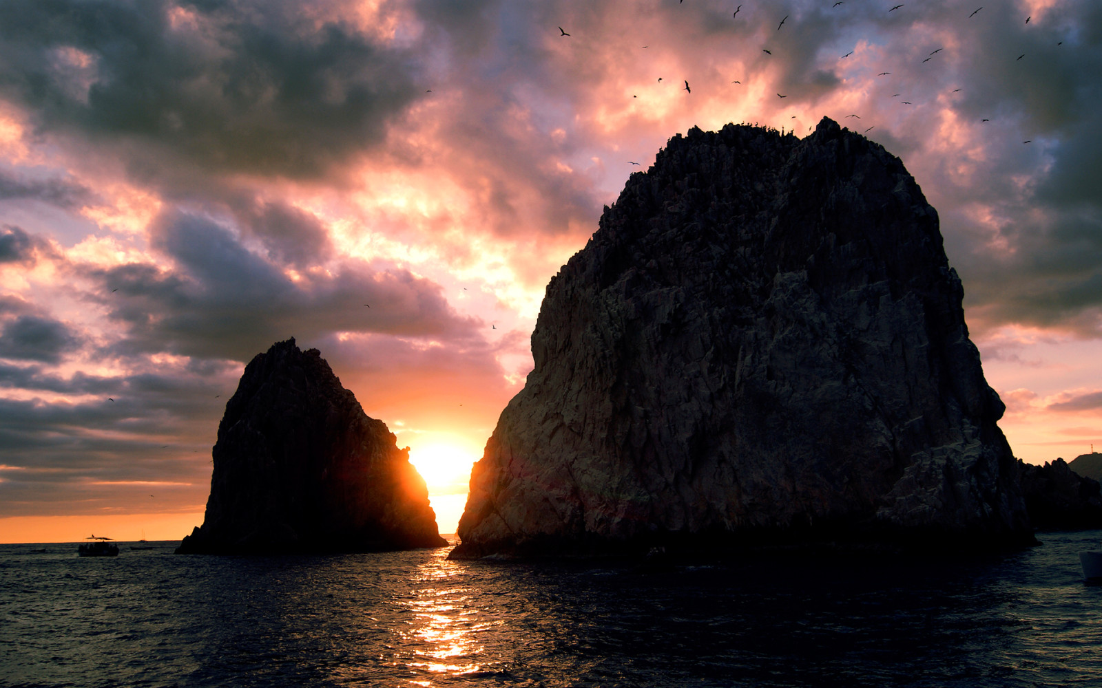 the sky, sunset, sea, clouds, Rays, boat, rocks, birds