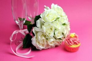 bouquet, gâteau, fleurs, des lunettes, photo, des roses, blanc