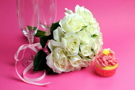 bouquet, cake, flowers, glasses, photo, roses, white