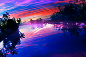 nuvens, brilho, lago, reflexão, rio, plissado, pôr do sol, o céu