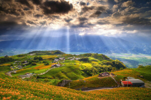 des nuages, Accueil, montagnes, gens, Des rayons, Le ciel, des arbres, vallée