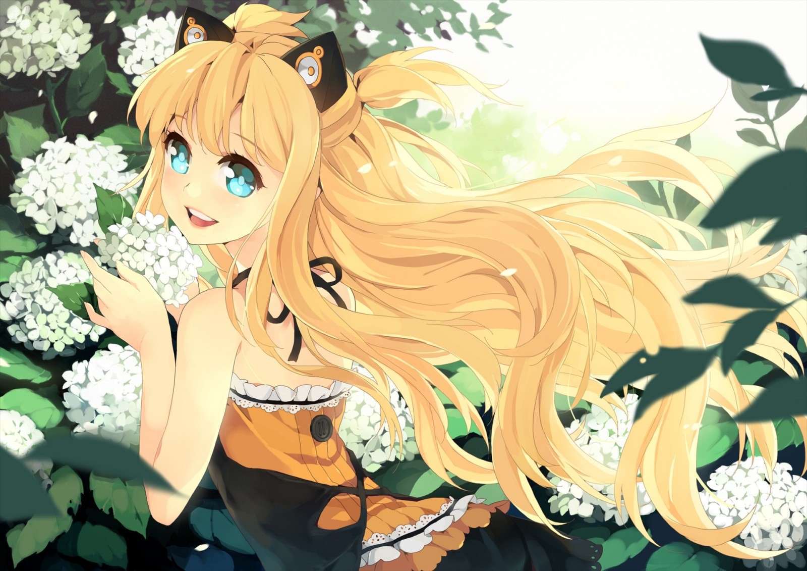 girl, smile, flowers, art, plants, petals, ears, vocaloid