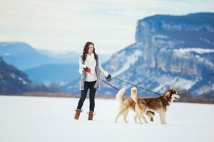 dogs, girl, Siberian husky, snow, winter