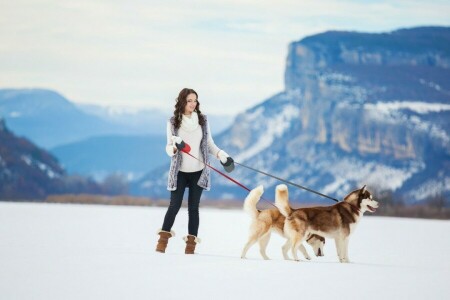 hundar, flicka, Siberian husky, snö, vinter-