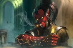 cigar, Fan Art, fire, fist, girl, Hell girl jigoku, Hellboy, Lighter