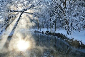 Blik, ljus, natur, Rays, flod, snö, vinter-