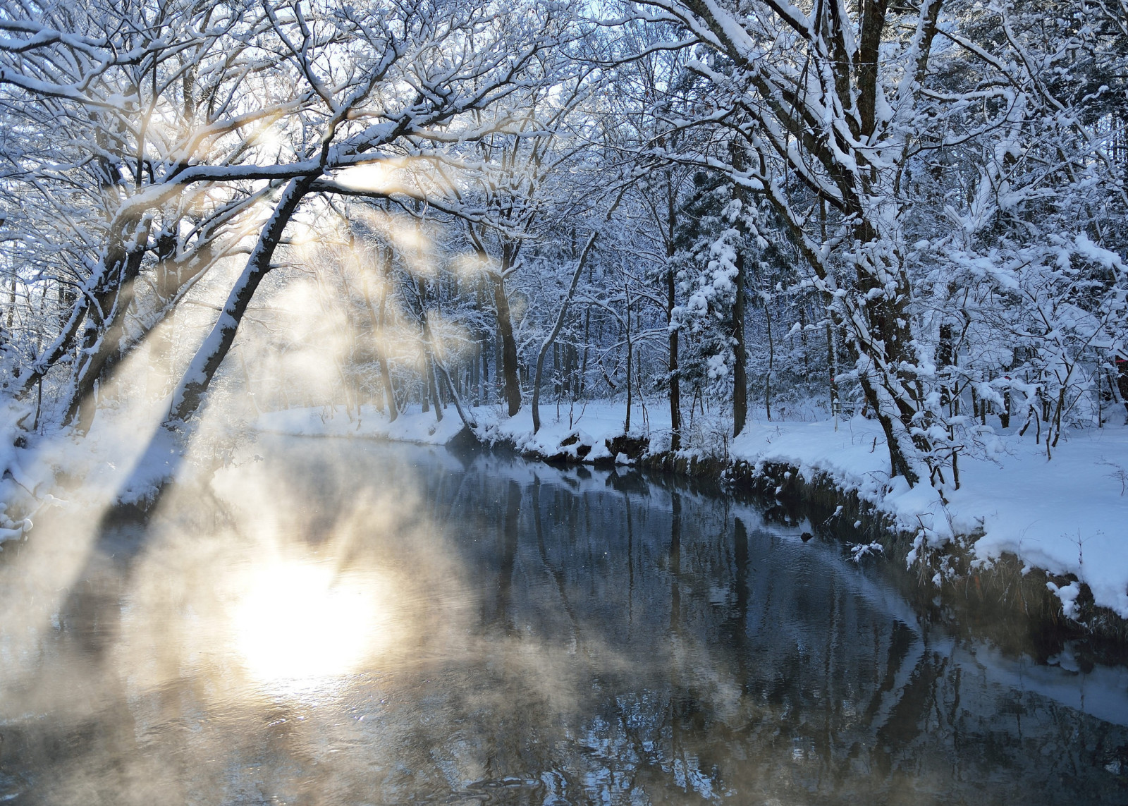 nieve, ligero, naturaleza, río, invierno, Rayos, Blik