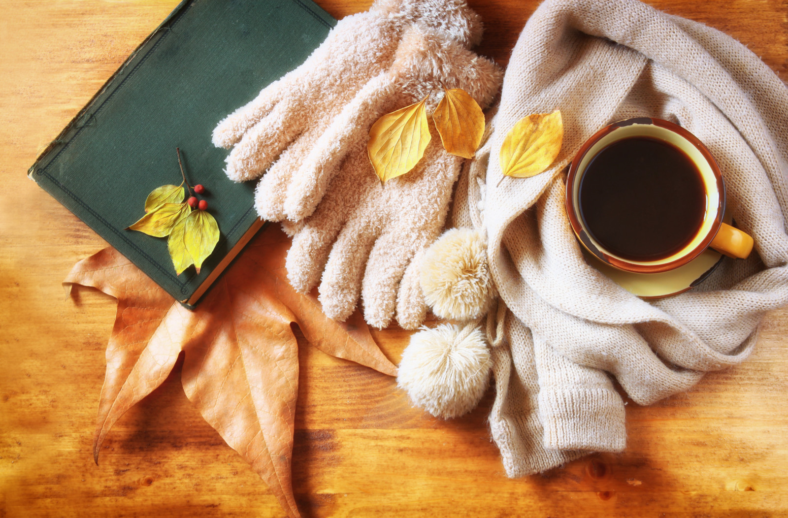 autumn, leaves, scarf, coffee, hot, Cup