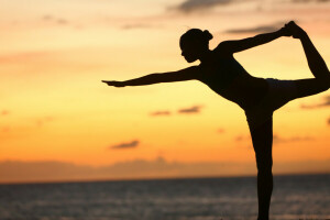 positur, solnedgang, yoga