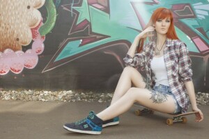 Alice Osokin, fată, graffiti, Mike, model, roșu, cămaşă, pantaloni scurti