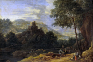 Adrian Frans Boudewyns, hills, picture, river, tower, trees