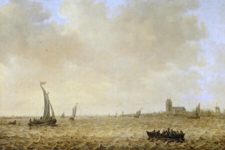 boat, Cathedral, Jan van Goyen, landscape, people, picture, sail, sea