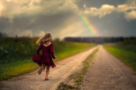 dress, girl, rainbow, road, running