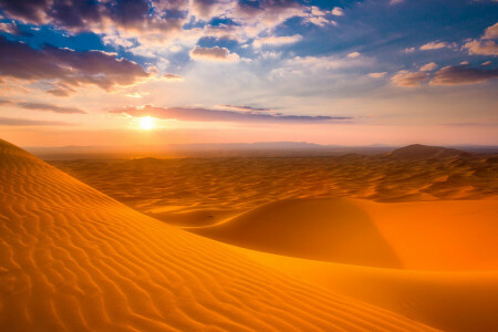 barkhan, Ørken, Marokko, sand, sukker, solnedgang, solen