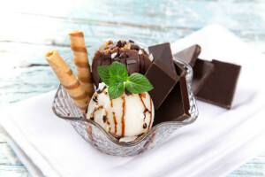 chocolate, ice cream, Mint leaves, napkin, nuts, sticks, summer