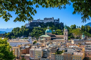 Áustria, galhos, construção, Catedral, fortaleza, Fortaleza de Hohensalzburg, Monte Festungsberg, panorama