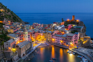 Bahía, barcos, edificio, Cinque Terre, costa, Italia, Liguria, Mar de Liguria