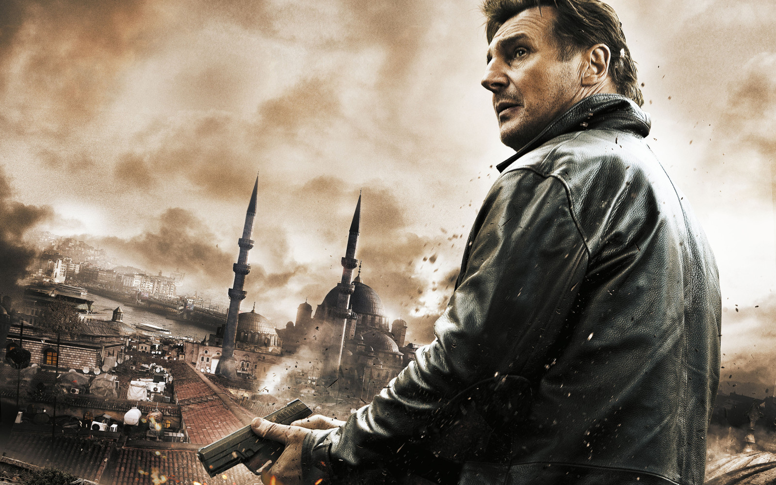 the city, gun, roof, Liam Neeson, Taken 2, Hostage 2