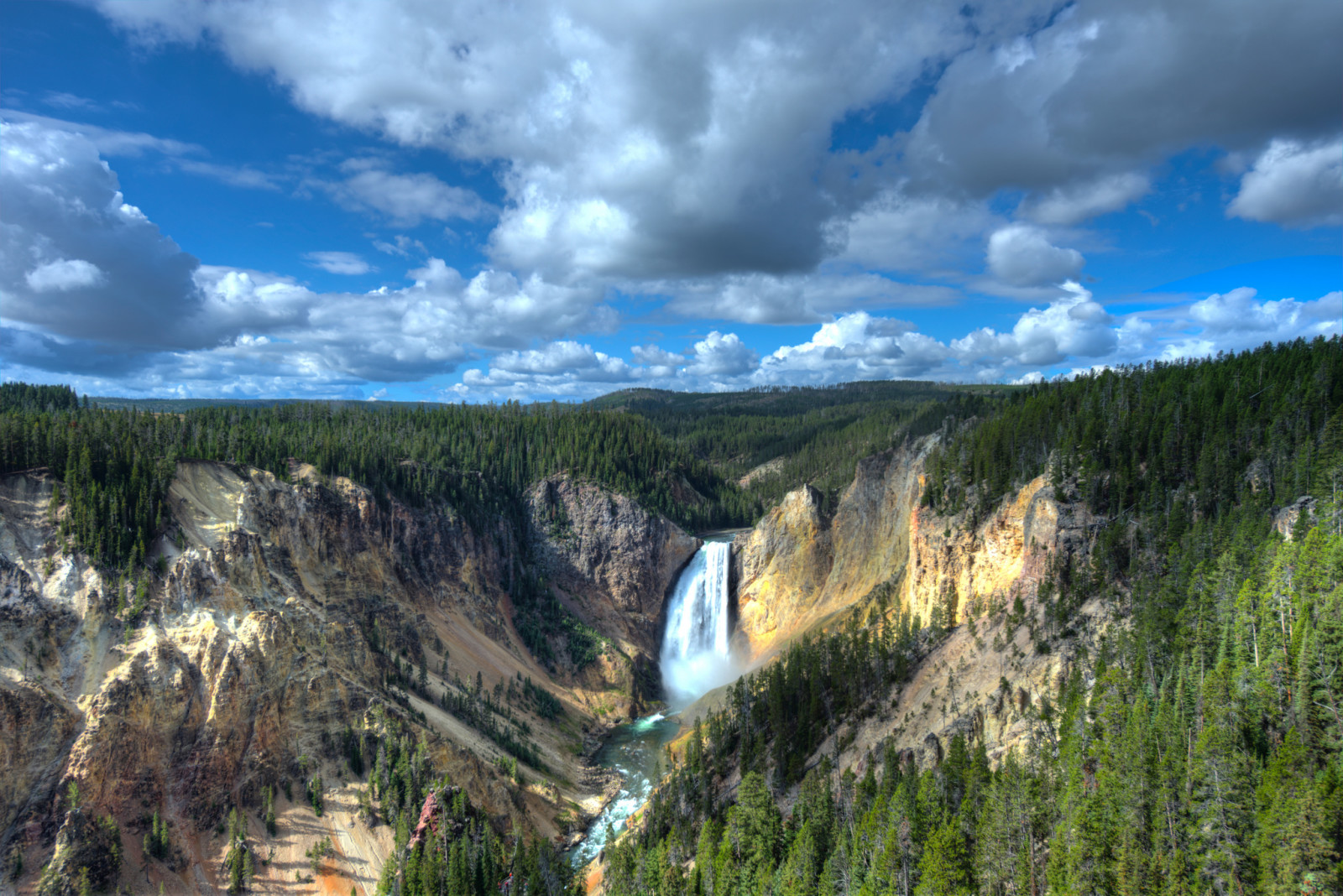 les, príroda, krajina, vodopád, skaly, kaňon, národný park, Wyoming