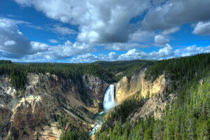 desfiladeiro, floresta, panorama, Parque Nacional, natureza, pedras, USА, cascata