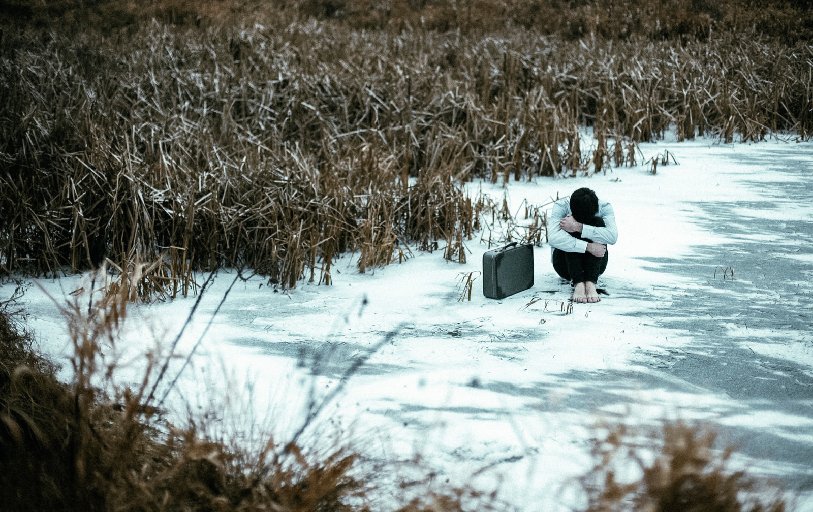 neige, la glace, gars, valise