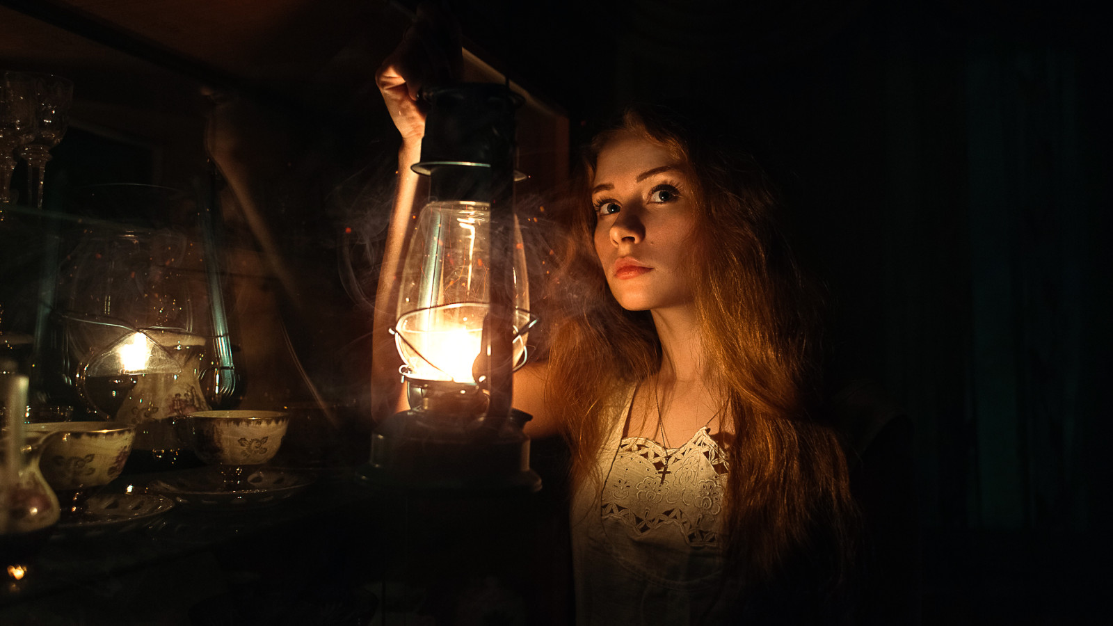 girl, lantern, darkness, Dasha