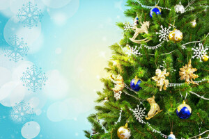 background, balls, branches, Christmas, decoration, glare, holiday, New Year