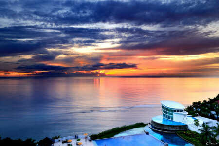 Schwimmbad, Sanatorium, Meer, bleibe, Sonnenuntergang, das Gebäude