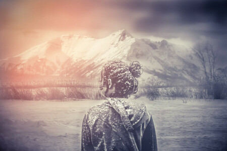 girl, mountains, snow, treatment