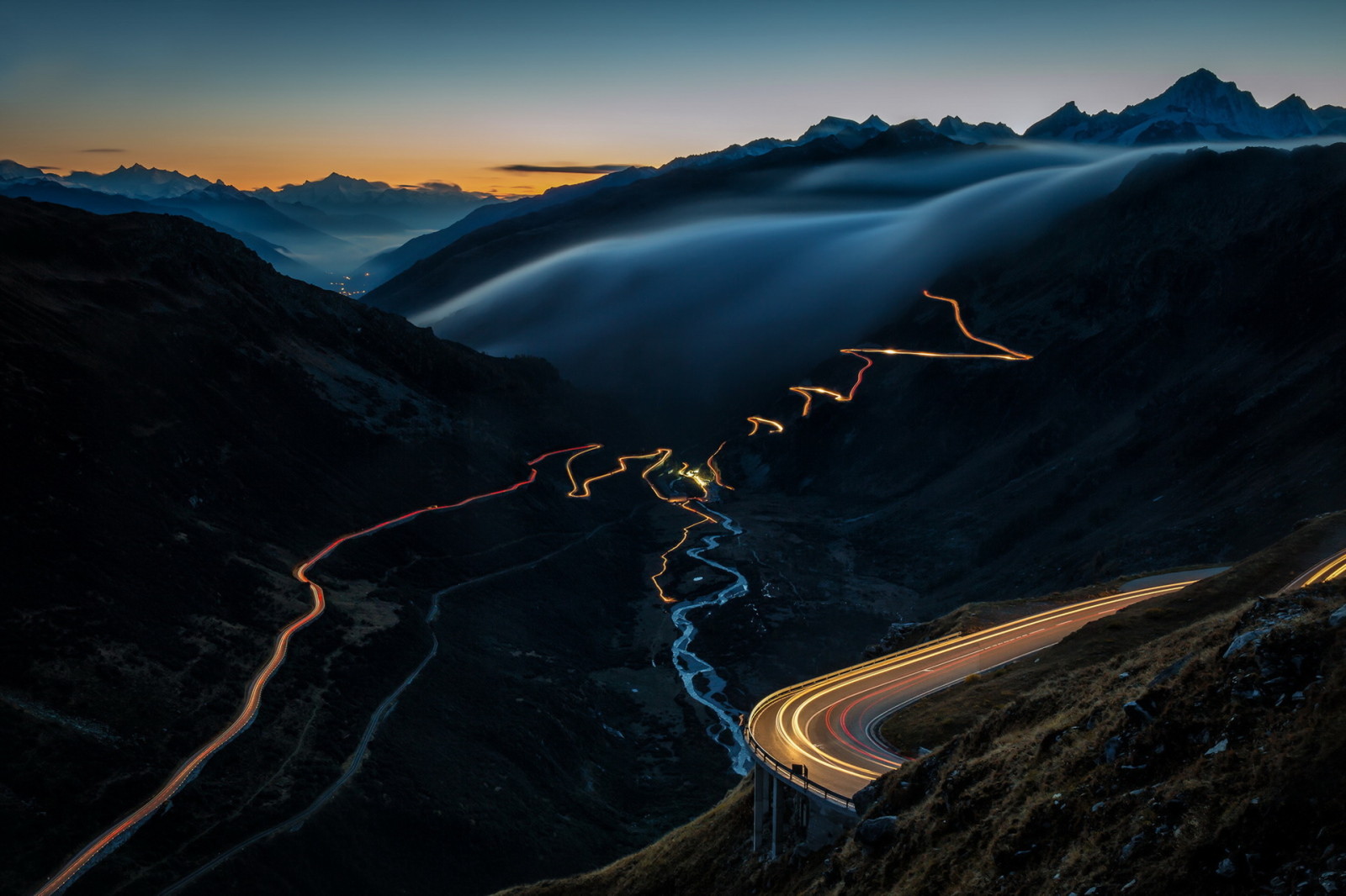 estrada, noite, montanhas