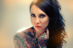 Contexte, brunette, visage, fille, cheveux, Regardez, tatouage